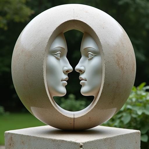 Marble sculpture depicting Plato's spherical humans. A woman's face and a man's face look away from each other. Their bodies intertwined in a sphere shape. Surrounded by garden scenery.