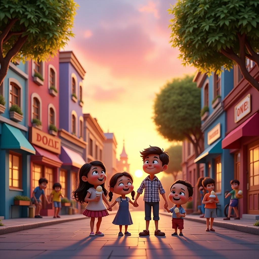 Pixar style illustration depicting a family walking down a street at sunset. Bright colors with children enjoying ice cream. Buildings on both sides with a warm golden glow.