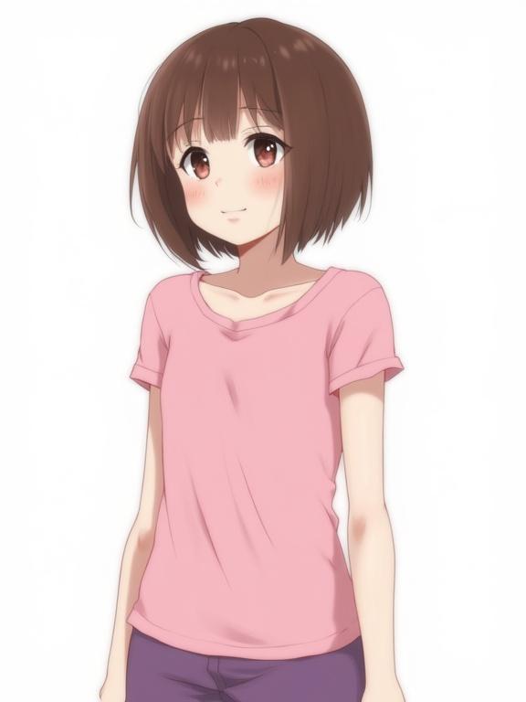 Character design of a teenage girl. The girl is wearing a pink top and purple shorts. She has brown hair in a bob style and brown eyes. Freckles are visible on the face. The background is plain white. This artwork is high quality and high resolution.