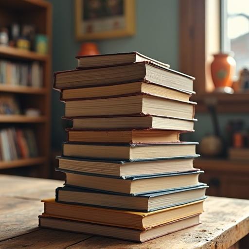 Tall stack of various books. Rear covers visible on each book. Positioned on a wooden table. Background features a cozy room with whimsical toys.