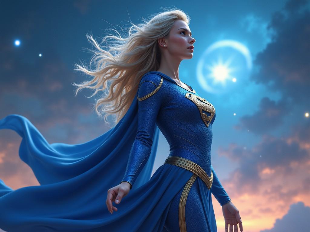 The image depicts a woman dressed as Supergirl, standing boldly in front of a stunning night sky. She has beautiful long hair flowing and wears a striking silver blue armor with gold trim, exuding a heroic presence. The backdrop features a glowing moon and stars, adding to the fantasy atmosphere. The character showcases strength and beauty, combining elements of fantasy and a stylish design that resonates with superhero themes. The overall composition presents her as a powerful figure, ready to take on any challenge with grace and determination.