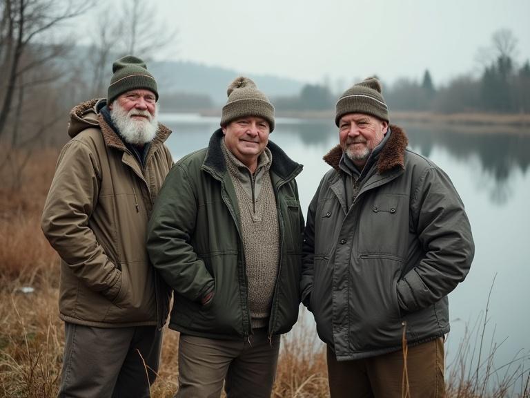 Three overweight fishermen, approximately fifty years old, stand by a lake in the Russian countryside. They wear warm clothing and hats. The atmosphere is calm and reflective, showcasing their camaraderie in nature.