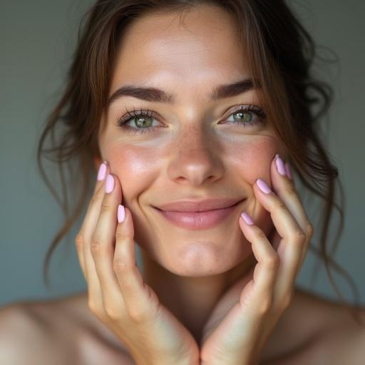 Authentic portrait of a woman cleaning her face. She is removing makeup and oil. The expression is joyful, showcasing a smile. An emphasis on skincare and personal care is evident.