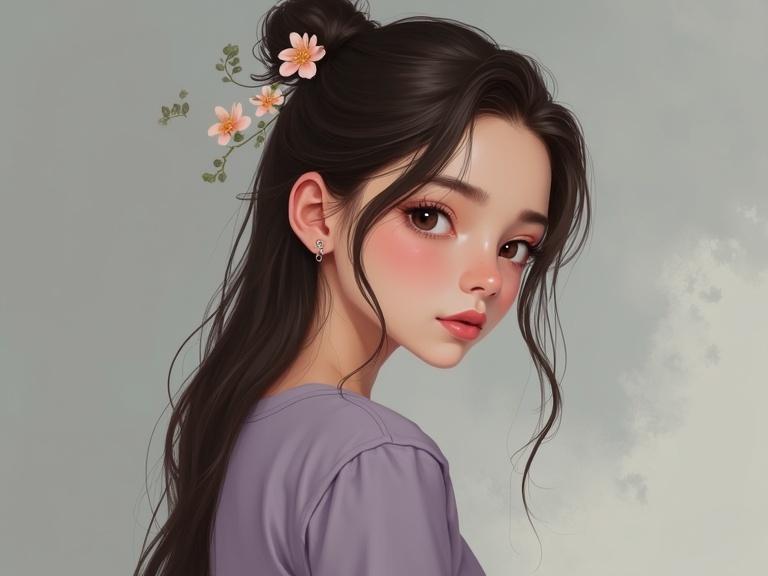 Digital painting portrays a young adult female with light skin and dark brown hair. Hair is styled in a bun with flowers. She faces the viewer with defined facial features and a subtle blush on her cheeks. Clothing is a muted lavender long-sleeved top. The background is a smooth gradient of muted gray with negative space above her head. The lighting casts highlights on her face and hair.