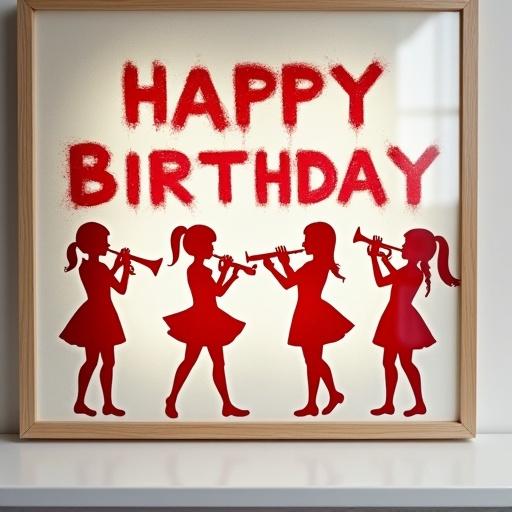 Framed poster with the words Happy Birthday spray-painted in bold red letters. Silhouettes of four girls in a brass band playing instruments: clarinet, flute, trumpet, trombone.