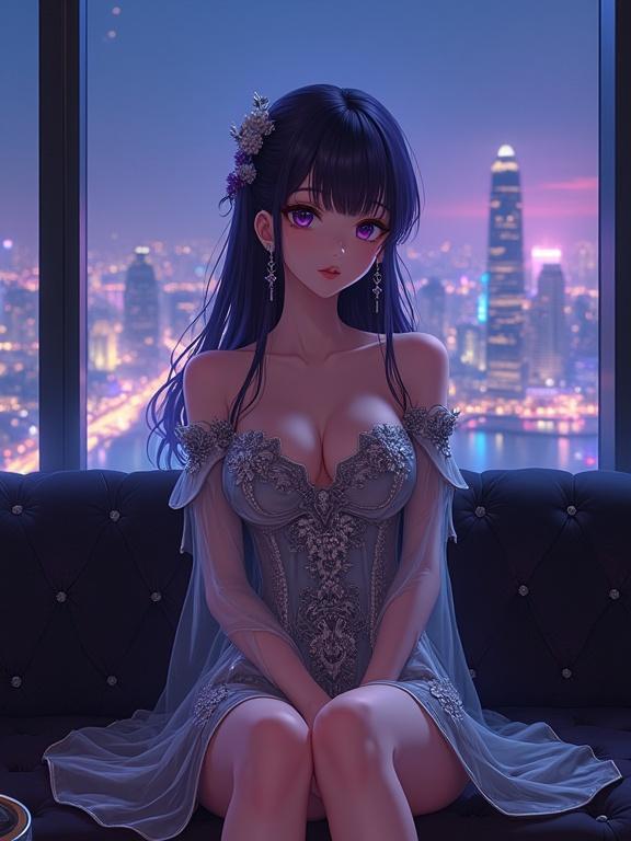 A beautiful woman sits gracefully on a sofa with her legs crossed in front of a large window. She has long dark violet hair and sharp violet eyes. Wearing an off-shoulder silver gown with floral patterns. Her appearance reflects modern sophistication. A gold cocktail is on the nearby counter. Outside, a vibrant city skyline lights up the night sky.