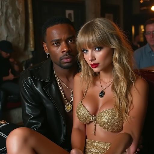 Celebrity couple sitting closely in a nightclub setting. Female in gold bikini top and mini skirt with high heels. Male wearing black outfit. Dimly lit environment. Both are making eye contact with the viewer.
