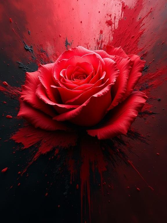 Exploding rose in dramatic abstract painting with intense red and black colors. Digital art in an expressionistic style. High resolution with dynamic splatters and a bright core. Features chaotic lighting.