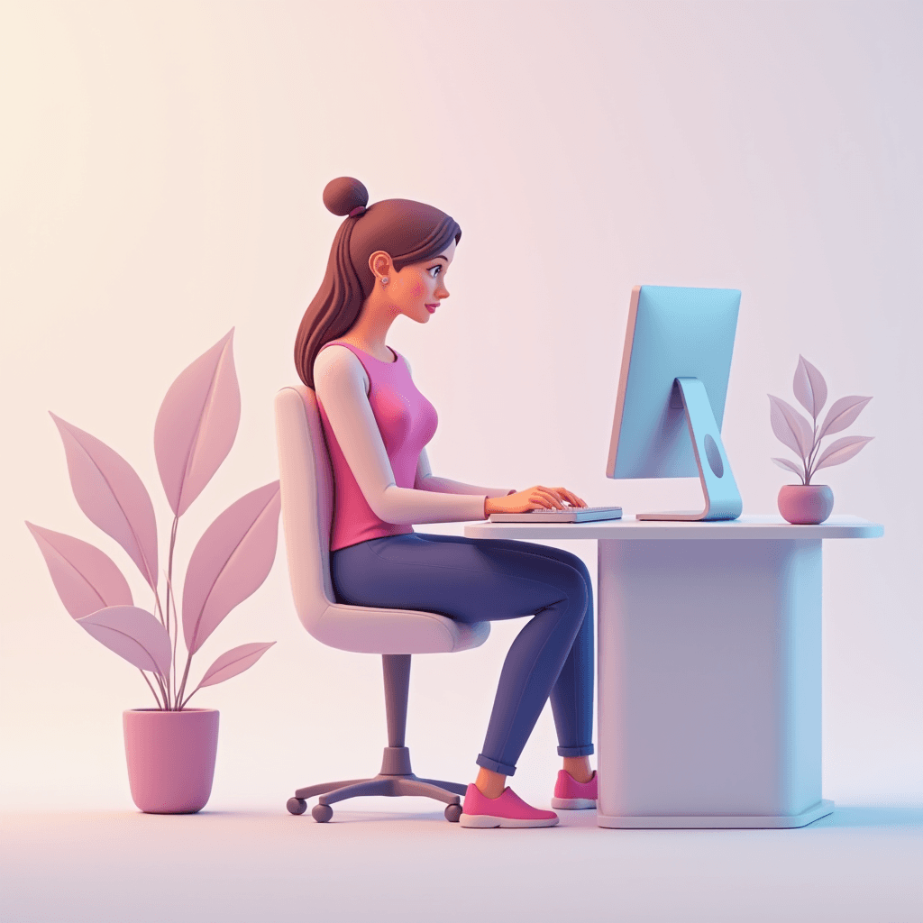 A cartoon woman sits at a desk typing on a computer next to a potted plant.