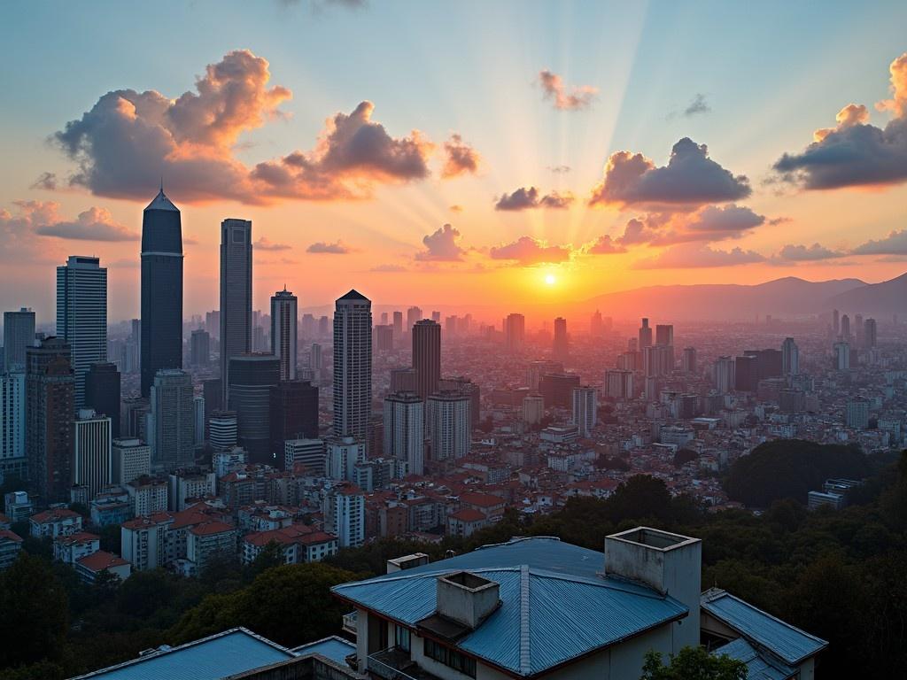 This image depicts a city landscape observed from a house rooftop during sunset. The sky is filled with vibrant oranges and blues, casting a warm glow over the city. Tall skyscrapers dominate the skyline, while smaller buildings line the foreground. The sun is setting in the distance, creating rays of light that enhance the beauty of the urban environment. This panoramic view captures the essence of a bustling city transitioning into evening.