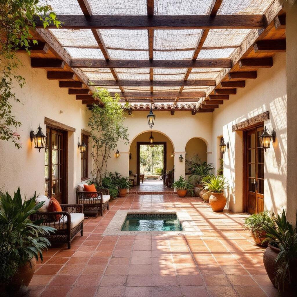 Traditional hacienda-style home featuring a central open patio surrounded by rooms. Patio uncovered in the center for natural light and rain. Mesh roof around the patio edges. Rustic terracotta tiles and stucco walls with arched doors and windows. Warm lighting and traditional Mexican details. Viewed from an elevated angle.