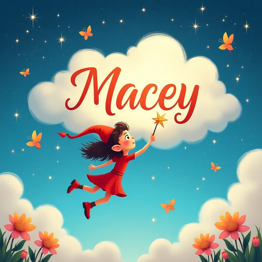 A magical elf character named Macey floats in the sky holding a star. Bright colors and playful elements surround her. Features fluffy clouds and butterflies in a cheerful atmosphere.