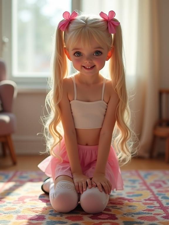 A girl kneeling on a colorful rug in a soft-lit living room. Long blonde hair styled in twin tails with pink bows, wearing a short crop top and pink mini-skirt, thigh-high socks, and black shoes. Smiling brightly, showcasing an attractive face and flirty demeanor.