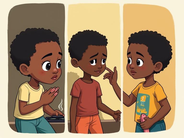 A split image collage. The left side shows a Nigerian child holding a bandaged finger after touching a stove. The middle shows a Nigerian child looking sad while another child whispers behind their back. The right side shows a Nigerian child refusing to take a toy from a friend. Simple clear cartoon style suitable for children aged 8 and under.