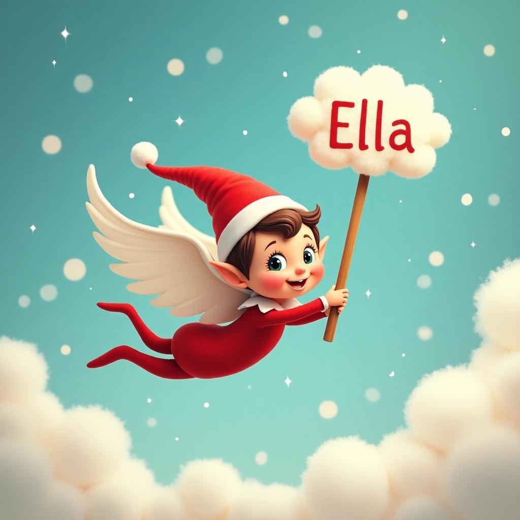 A baby elf flying through the sky. The elf wears a red outfit and a red hat. The elf holds a sign that says 'Ella' written in fluffy white clouds. Background features a blue sky with sparkles and clouds.