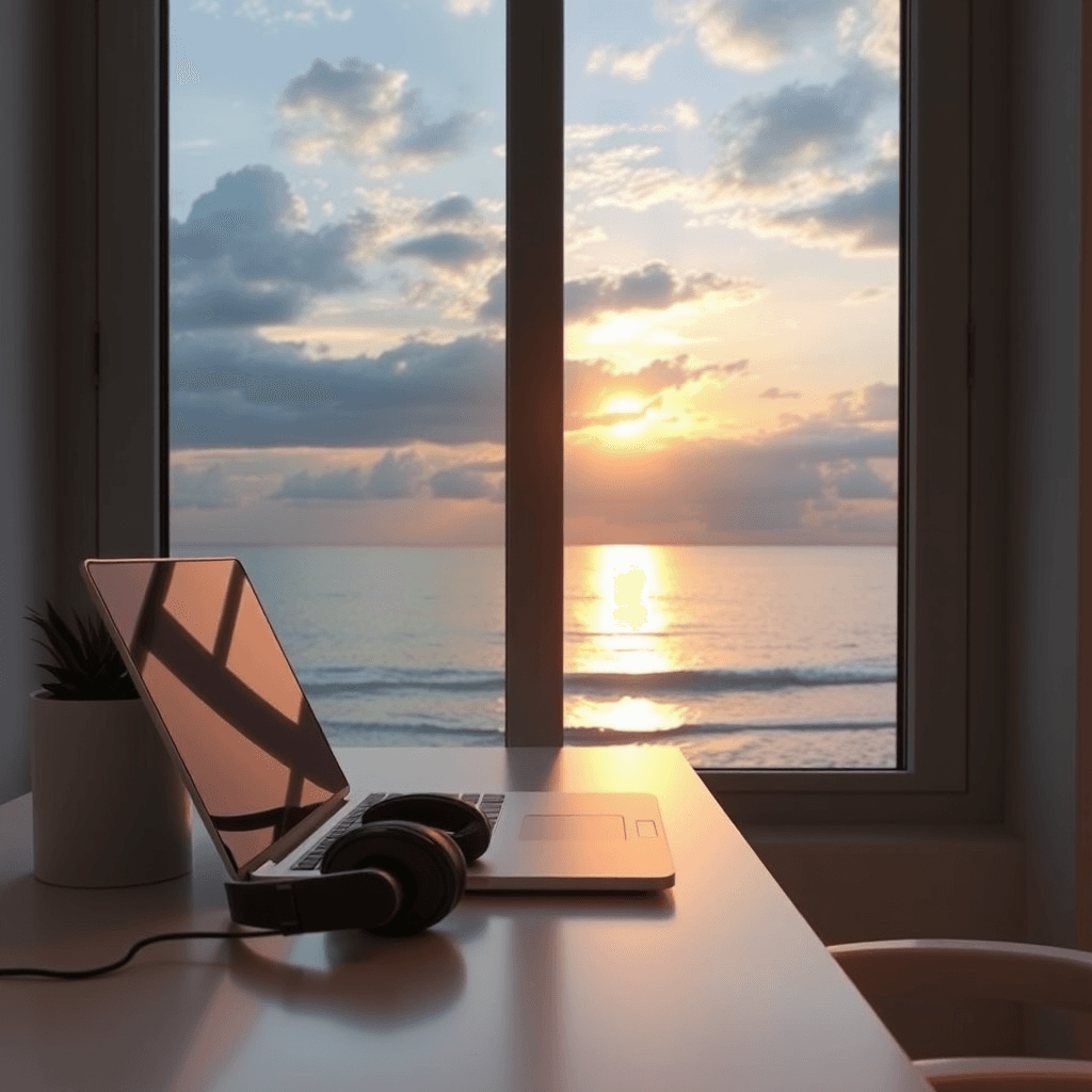 The image portrays a serene scene of a workspace set against the backdrop of a mesmerizing sunset over the ocean. A sleek, modern laptop is positioned on a minimalist white desk, with black headphones resting on its keyboard, suggesting a tranquil moment of remote work or relaxation. Beside the laptop, a small potted plant adds a touch of greenery to the setting. Through the large window, the sun is seen setting on the horizon, casting an array of warm colors across the sky and reflecting on the calm ocean water below. Fluffy clouds scatter across the sky, enhancing the peaceful ambiance of the view.