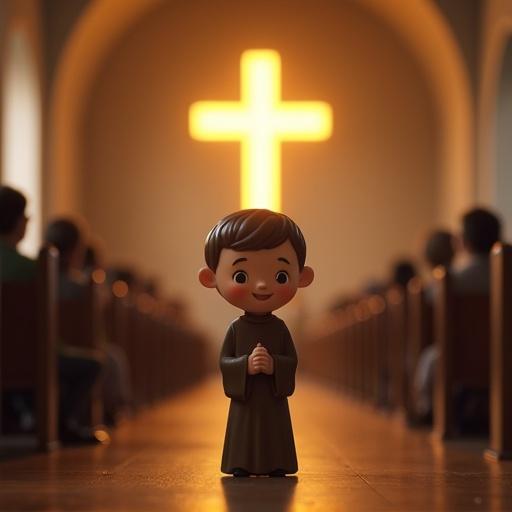 Cute figurine of young monk with joyful expression. Monk stands in prayer pose inside church. Congregation sits quietly with illuminated cross at front.