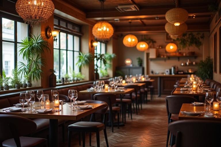 A cozy restaurant interior with warm lighting. Elegant tables set for dining are displayed. Decorative plants enhance the atmosphere. Different chandeliers provide ambient light. The room is inviting and well-decorated.