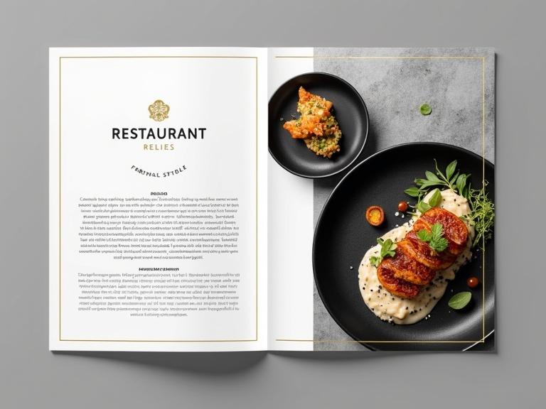 Modern minimalist restaurant brochure with clean lines and white space. Elegant serif fonts with high-contrast food photography. Gourmet dishes on black plates. Stylish logo placement. Chic black-and-white color scheme with gold accents.