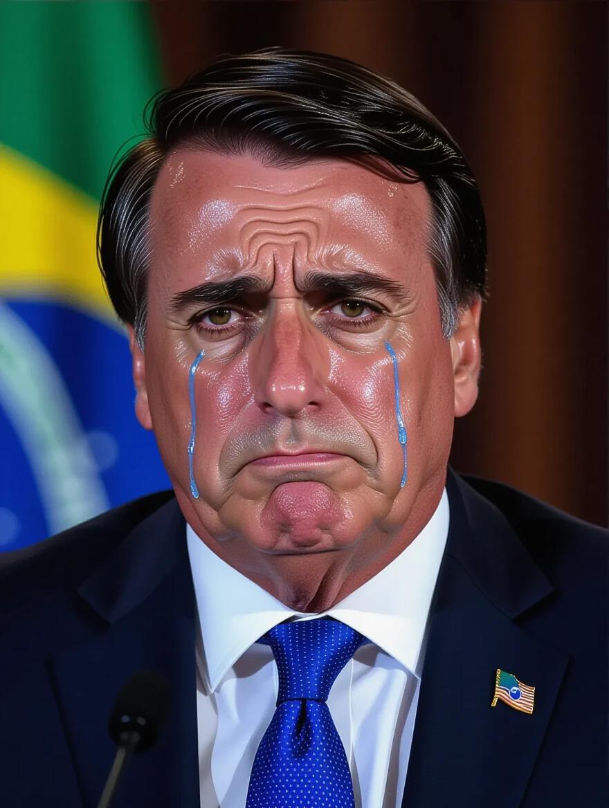 Realistic portrait of a man crying. Dark suit with a blue tie. Tears streaming down face. Sadness and frustration expression. Dramatic lighting with shadows. Blurred background with Brazilian flag. High-resolution photo-realistic style.