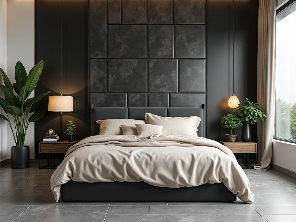 Imagine a cozy bedroom featuring a striking black concrete wall panel behind a stylish bed. The bed is adorned with soft beige bedding and flanked by elegant nightstands. The flooring consists of sleek grey tiles that add a modern touch to the space. House plants are placed strategically around the room, bringing a refreshing feel of nature indoors. The overall aesthetic is contemporary and inviting, creating a serene retreat for relaxation.