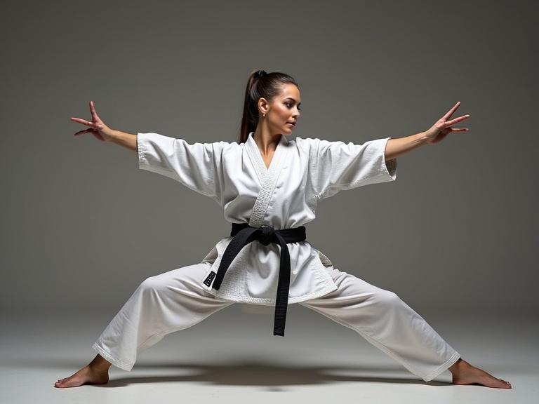 A female karate fighter performing stretching exercises. She wears a traditional white karate uniform with a black belt. She displays a strong stance during training. The background is soft gray emphasizing the fighter's pose.