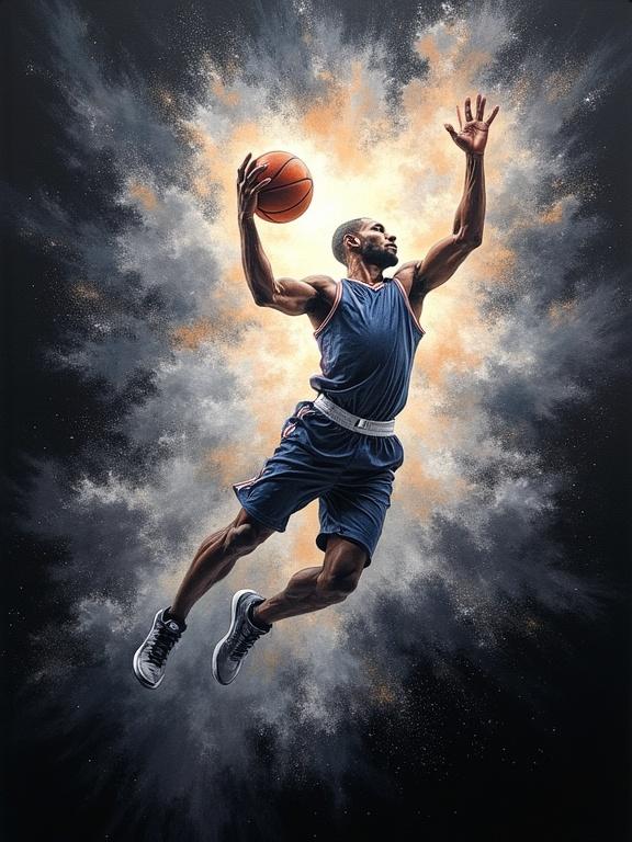 Dynamic oil painting of a basketball player mid-dunk. Player blending into silver nebula clouds. Shades of silver and platinum create intensity. Abstract style emphasizes motion. Cosmic background adds vast energy. Centered on black background, balanced layout with negative space.