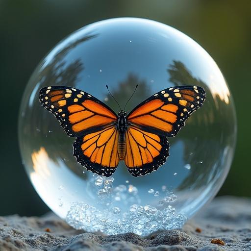 Illustration visualizes a butterfly trapped inside a clear soap bubble. Bright orange and black butterfly contrasts against the bubble's shimmer. Background blurred with natural greenery. Scene captures a moment of delicate beauty.