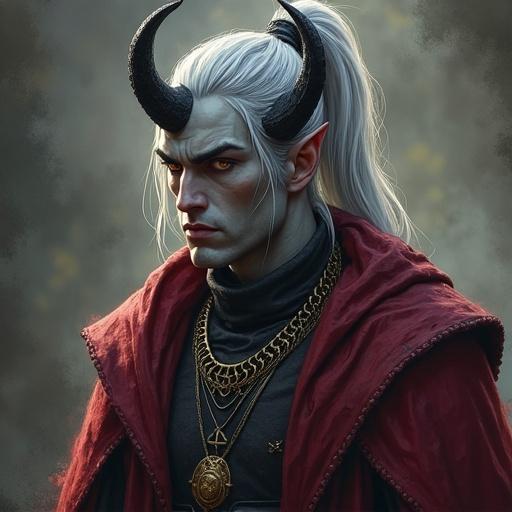 Tall male tiefling character with ash-gray skin and amber eyes. Silver hair tied back in a ponytail. Black horns and wearing chainmail shirt under an ash-red cloak. Strong shadows, matte skin texture, and visible brushwork. Stylized, gritty finish typical of digital paintings.