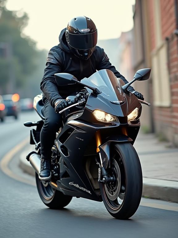 Image depicts a person riding a sport motorcycle on a road. The rider is wearing protective gear with a focus on the motorcycle.