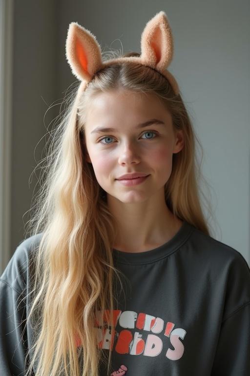 A teenage girl with wavy blonde hair and light blue eyes wearing bunny ear headband. The image shows her face frontally with a warm, casual setting.