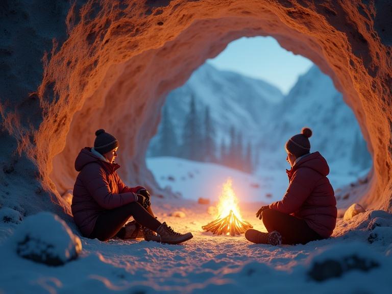 Two women sitting around campfire in ice cave. Warm golden lighting contrasts with cold snowy surroundings. Detailed scene showing breath mist and reflections.