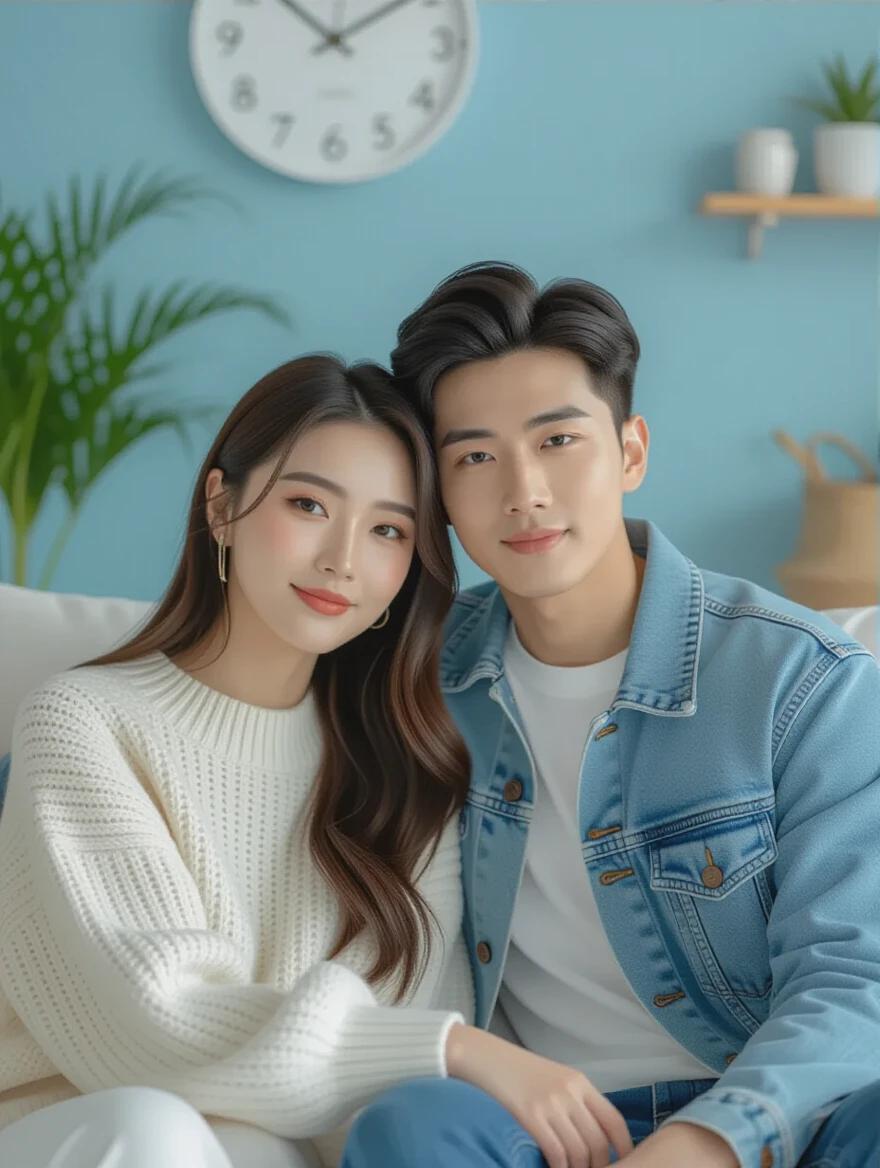 Photo of a young Asian couple sitting on a sofa in a beautifully decorated room. The woman has natural makeup and wears Korean fashion. The man wears modern Korean style. They both look at the camera with happy expressions. Background includes plants and a modern clock.
