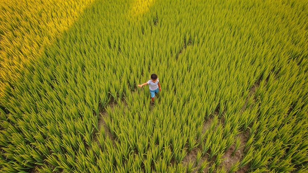 A young person strolls through lush green rice fields, surrounded by dense, golden-yellow stalks. The overhead perspective captures the intricate patterns created by the rows of plants, with the individual appearing small amidst the sea of verdant crops. Sunlight casts gentle shadows, adding depth and texture to the landscape.