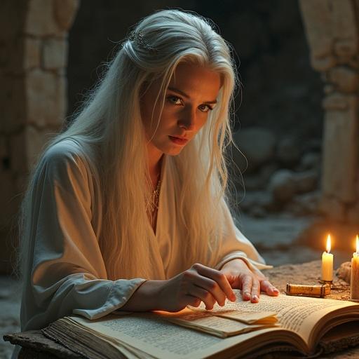 A retired sorceress enjoys quiet moments in ancient ruins. She wears a soft robe and has a timeworn staff nearby. Magical runes float around her. She reads from a tome surrounded by scrolls. Warm candlelight flickers in the calm atmosphere. Porcelain skin glows under gentle light. She embodies tranquility and elegance as she reflects on her past.