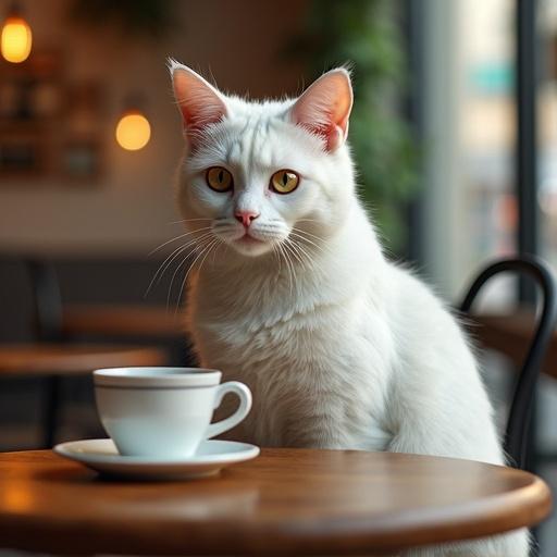 Anthropomorphic white cat seated in a cafe. Cat has modern attire. Coffee and croissant on the table. Digital art with global illumination and sci-fi elements. Cinematic feel.