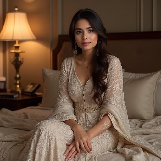 A Pakistani woman in traditional dress sits on a bed in her luxurious bedroom. Soft lighting enhances the elegant decor. Her husband is lying on the bed behind her, creating a cozy atmosphere.