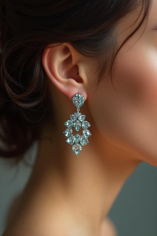 Close-up of model's ear showcasing elegant aquamarine earrings. Focus on the intricate design and shimmering details of the jewelry.