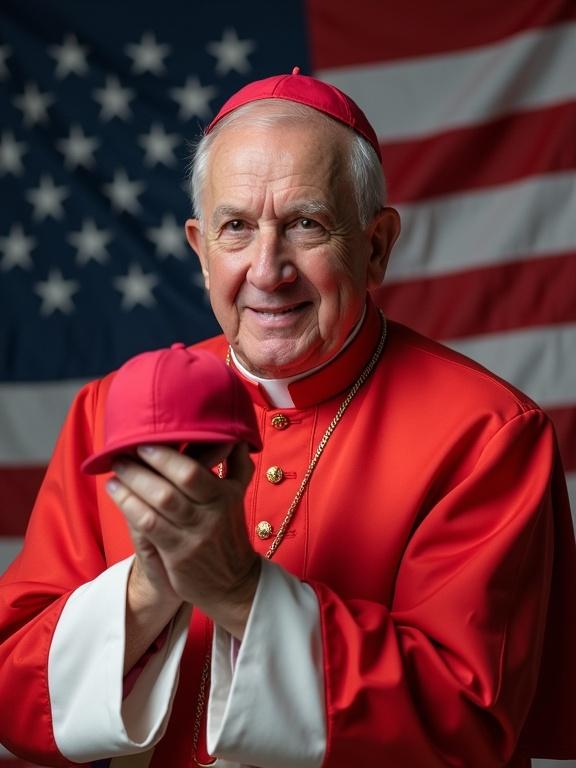 Portrait of Catholic cardinal with baseball hat in hands in front of American flag backdrop