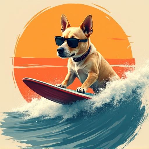 A cute dog rides a wave on a surfboard. The dog wears sunglasses. A circular retro sunset is in the background. The image is playful and vibrant.
