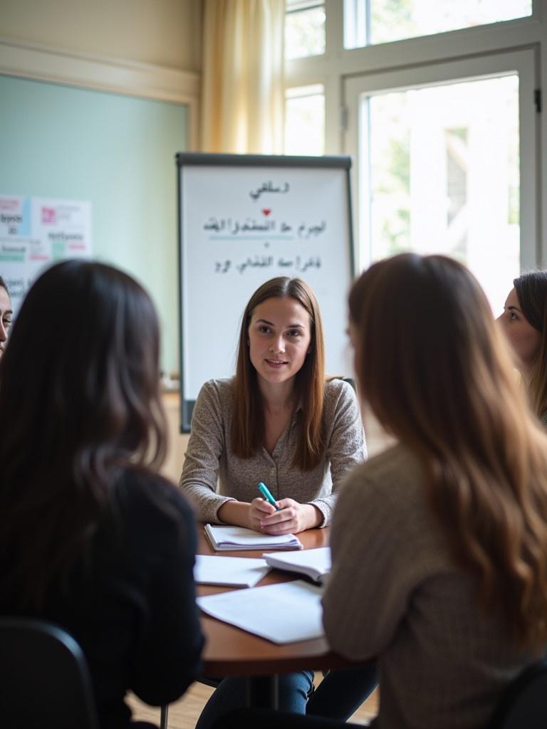 Group of students engaged in a discussion in a classroom. Students facing each other sharing ideas and notes. Background contains a whiteboard with Arabic text. Room filled with natural light from large windows. Inviting atmosphere for learning and cultural exchange.