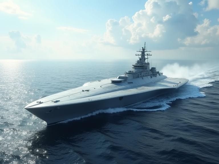 Cinematic image of a hovercraft jet on ocean. Huge, sleek, light grey military design. Features small bridge windows, radar, antennas, torret guns, exhaust ports. Clouds in blue sky. Wind thrust creates mist on water surface.