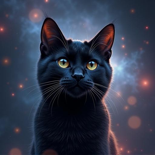 A silhouette of a black cat against a glowing nebula background. The cat is positioned centrally, surrounded by cosmic elements. The nebula displays vibrant colors of purple, blue, and orange with twinkling stars.
