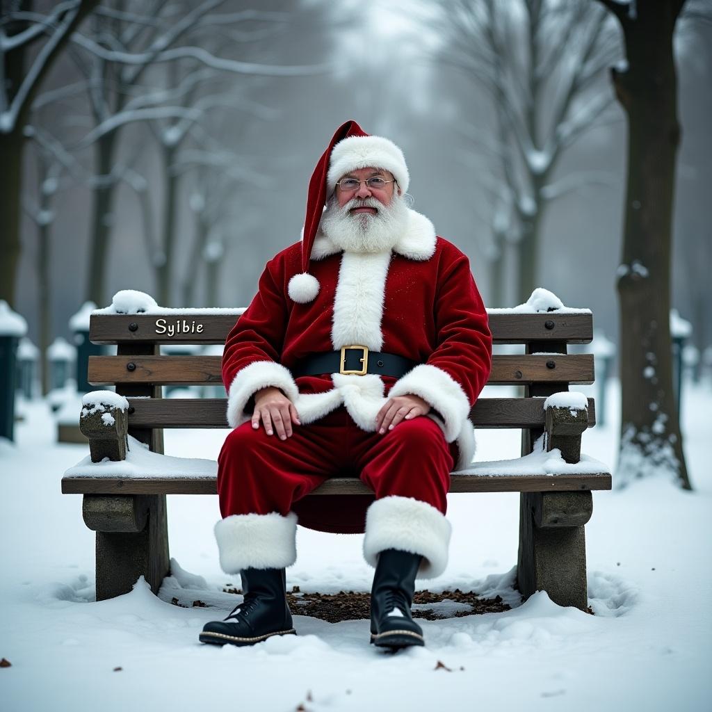 Father Christmas in a red suit sitting on a bench in a snowy cemetery. Boy spirit implied. Name 'Sybbie' engraved on the bench.