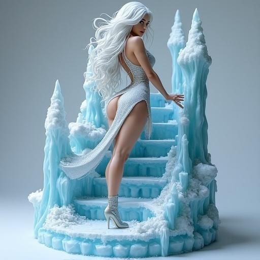 Ultra-detailed resin collectible figure of an Ice Sorceress climbing an icy staircase. Long white hair, icy-blue eyes. Seductive pose in a sparkly dress with a leg slit. High heels, ice crystal jewelry. Base with icy staircase, snow textures.