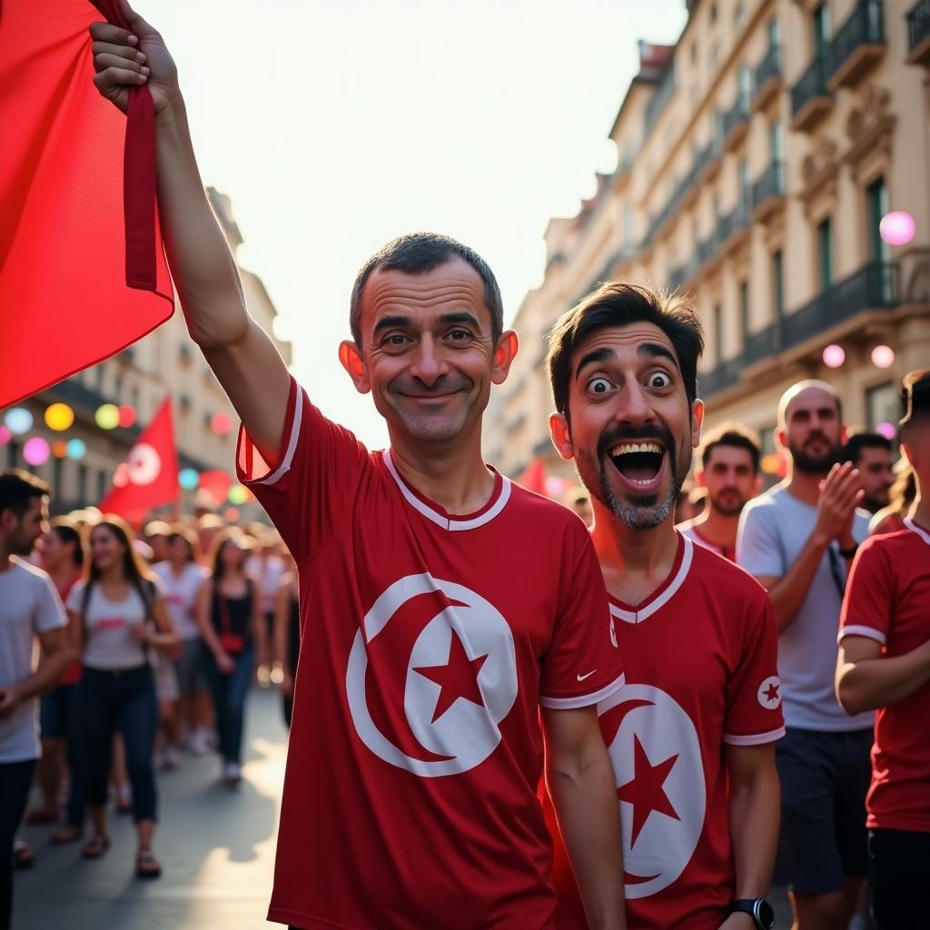 The image shows two men celebrating at a lively outdoor event. One man is joyfully raising the flag of Tunisia while wearing a matching sports outfit. The atmosphere is festive, filled with colorful lights and other attendees. The expressions on their faces convey excitement and national pride. The crowd around them suggests a public celebration, possibly a sports event or cultural festival.