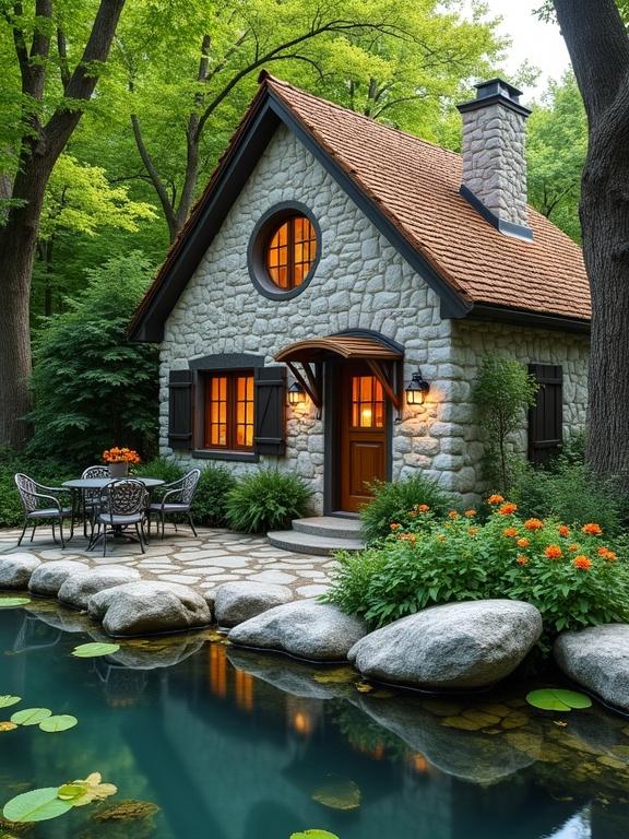 A small stone house beside a tranquil pond. The house is made of light-grey stones and has a steep brown shingled roof. An inviting front porch leads to a wooden door. Surrounding lush greenery and colorful flowers enhance the peaceful ambiance. A calm pond with lily pads reflects the house's warm light.