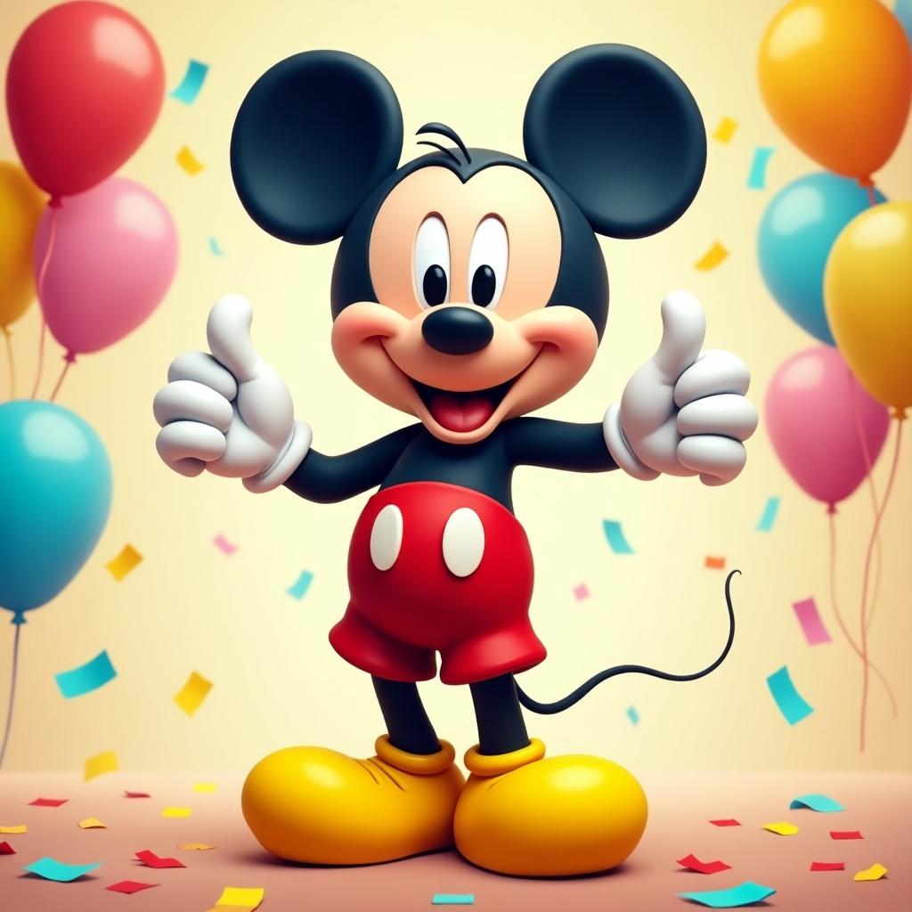 Mickey Mouse character in a bright setting with colorful balloons and confetti. Character giving thumbs up, smiling happily. Celebratory atmosphere.