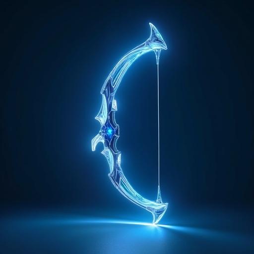 Futuristic energy bow with a sleek metallic body featuring a glowing neon blue bowstring. It has a gradient from blue to white, transparent limbs, and emits soft light arcs with a simple curved design.