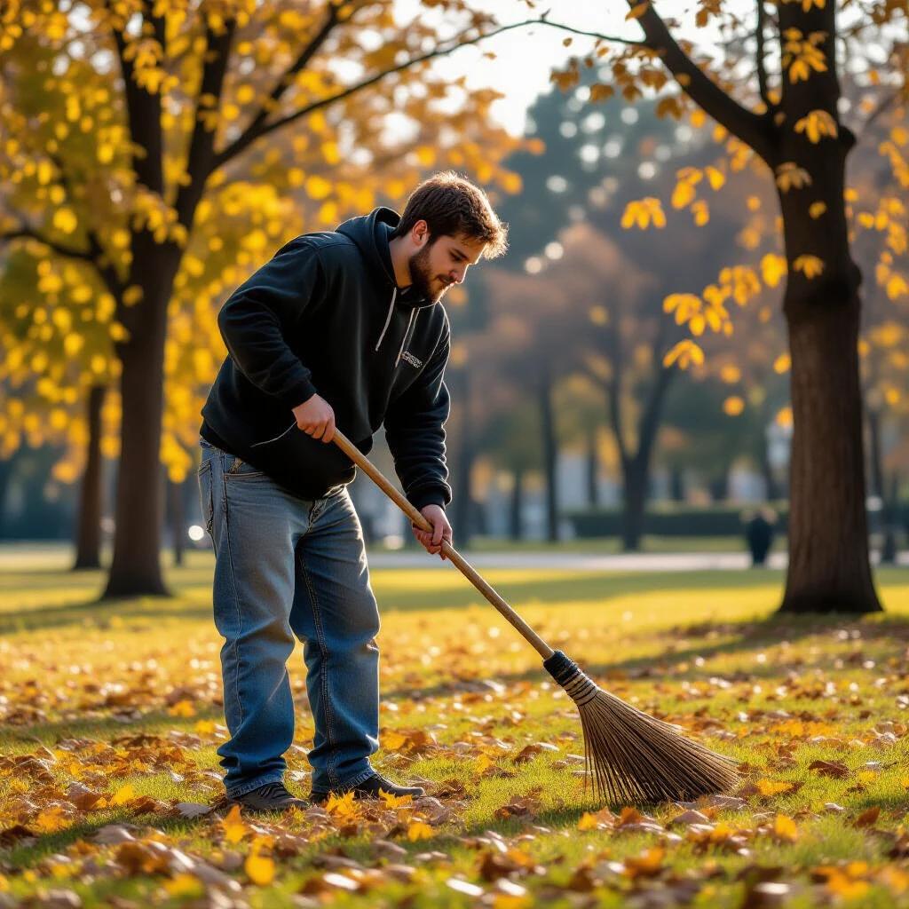 Young man sweeps leaves on the grass in a park. Background features trees with golden autumn foliage. Leaves cover the ground. Soft sunlight shines on the scene.